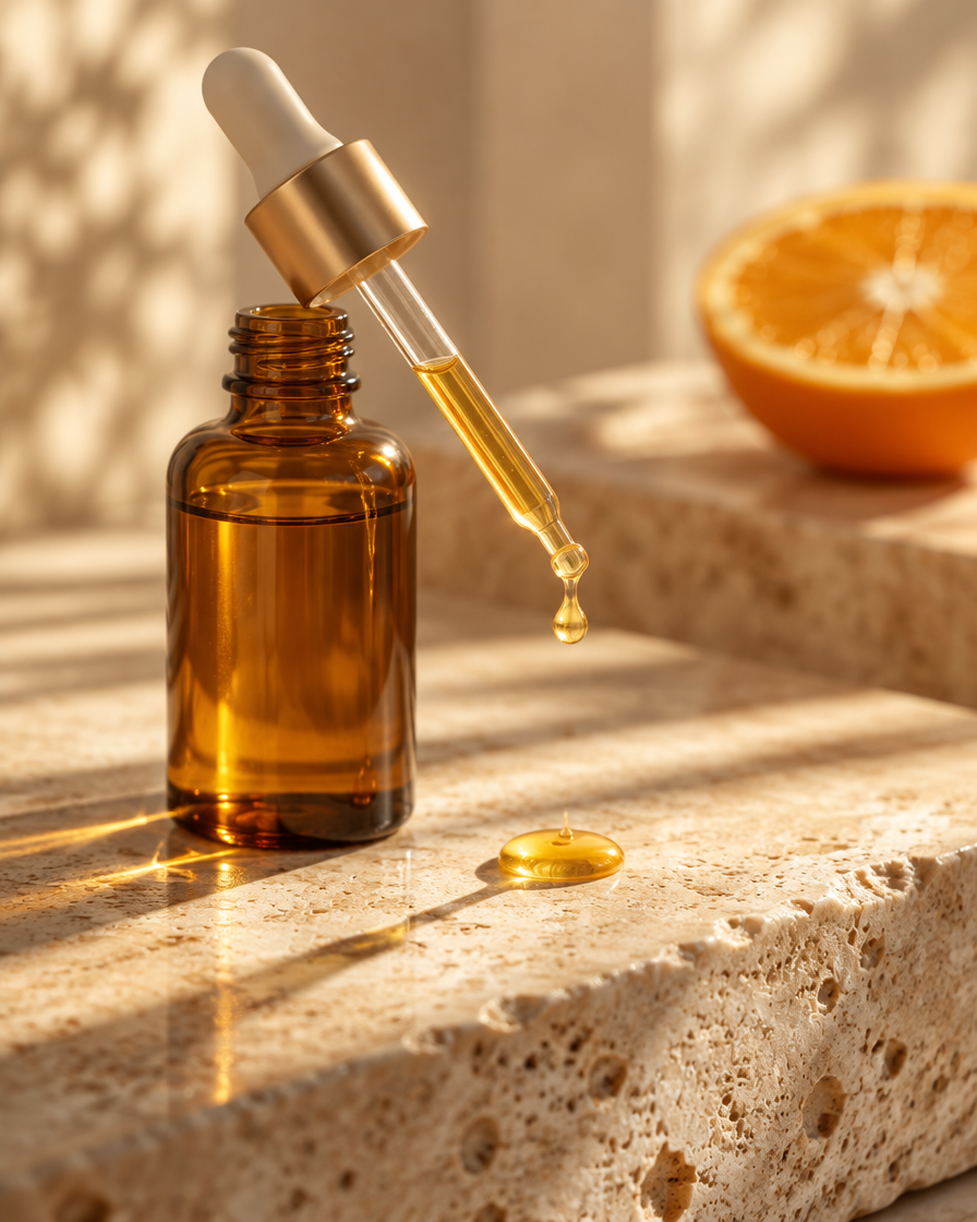 Vitamin-C-Serum tropft aus einer Pipette